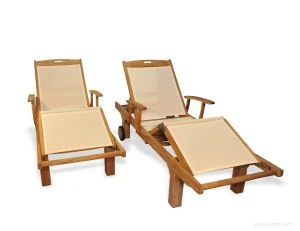 Teak Chaise Lounge Sunlounger PAIR  with arm, Cream Sling Fabric