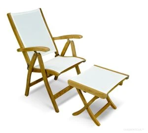 Teak Sling Recliner and Foot Stool Set - White