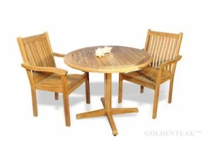 Teak Dining Set for 2, Round Table and 2 stacking chairs