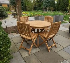 Teak ROund Pedestal Table , Providence Folding Side Chairs Customer Photo