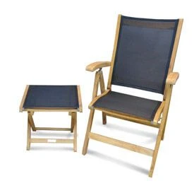 Teak and Sling Recliner with Foot Stool - Black - Goldenteak